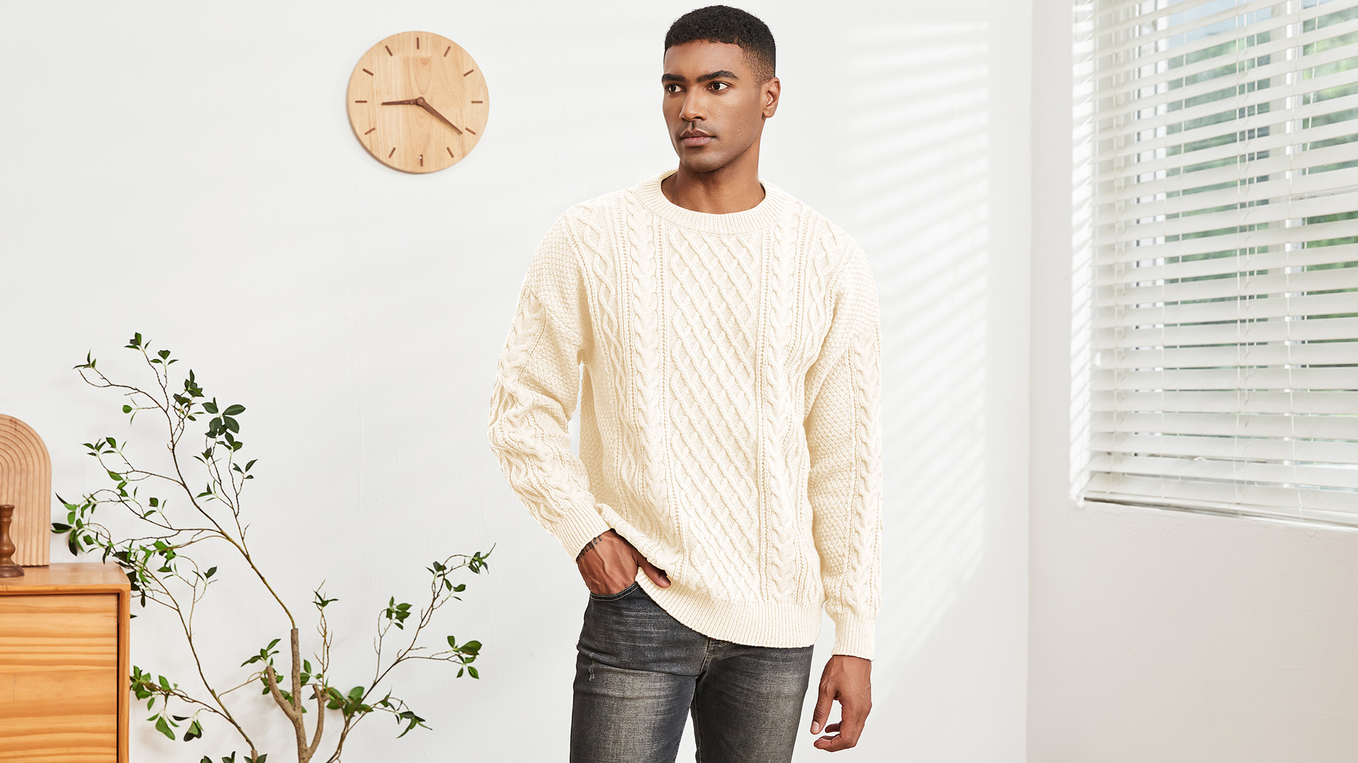 Thkzn Men's Knit Sweater Crewneck Loose Fit Casual Twist Patterned